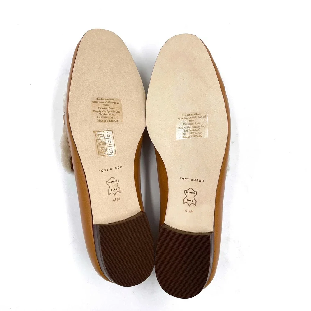 Tory Burch Jessa Shearling Loafers‎ Caramel Tan Leather Horsebit Sz 6.5